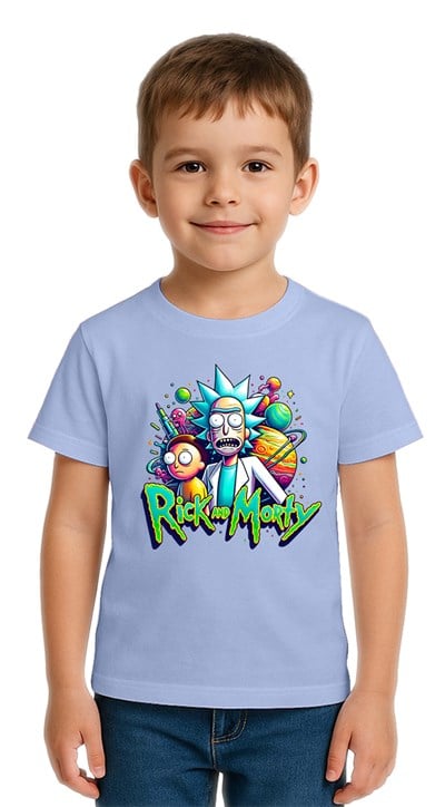Unisex Rick and Morty baskılı Çocuk Tişört pamuklu penye kumaş