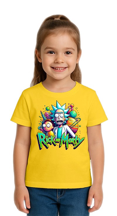 Unisex Rick and Morty baskılı Çocuk Tişört pamuklu penye kumaş
