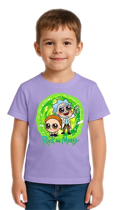 Unisex Rick and Morty baskılı Çocuk Tişört pamuklu penye kumaş