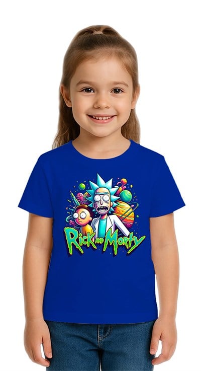Unisex Rick and Morty baskılı Çocuk Tişört pamuklu penye kumaş