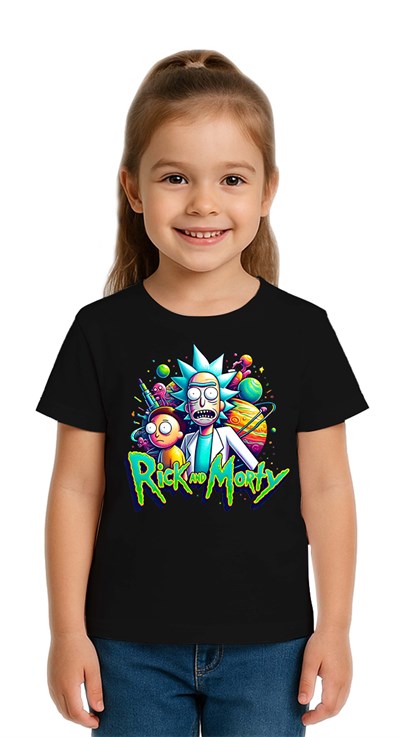 Unisex Rick and Morty baskılı Çocuk Tişört pamuklu penye kumaş