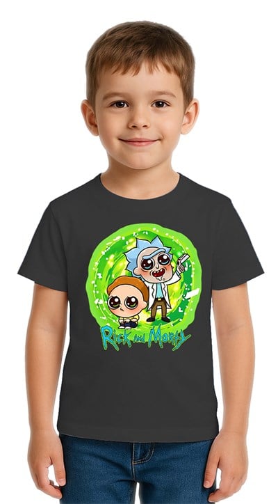 Unisex Rick and Morty baskılı Çocuk Tişört pamuklu penye kumaş
