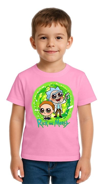 Unisex Rick and Morty baskılı Çocuk Tişört pamuklu penye kumaş