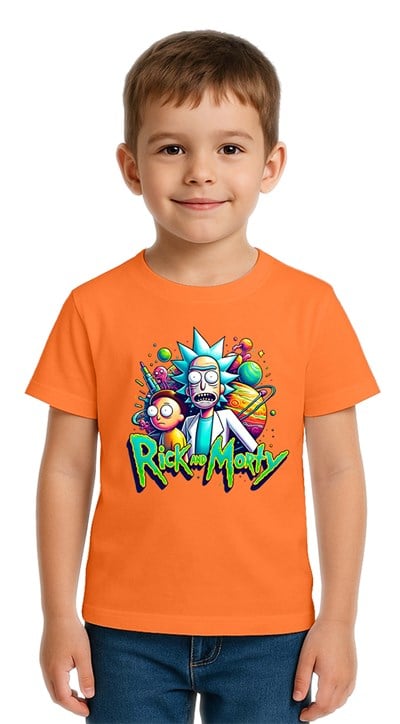 Unisex Rick and Morty baskılı Çocuk Tişört pamuklu penye kumaş