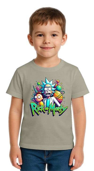 Unisex Rick and Morty baskılı Çocuk Tişört pamuklu penye kumaş
