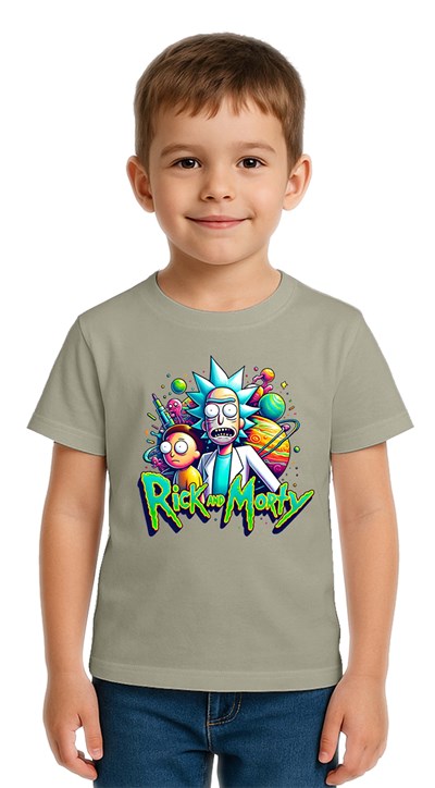 Unisex Rick and Morty baskılı Çocuk Tişört pamuklu penye kumaş