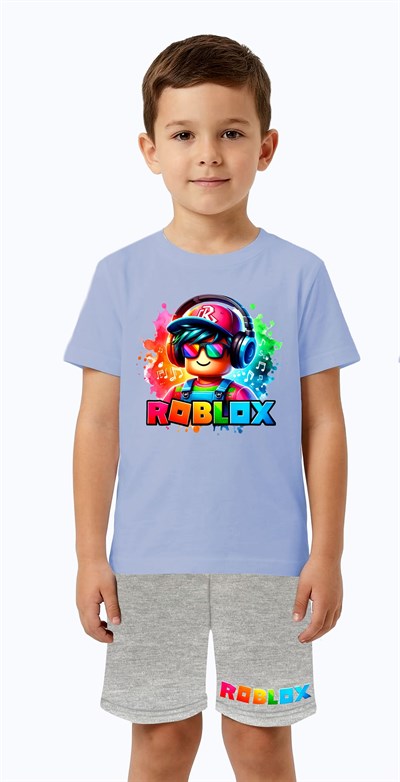 Unisex Roblox baskılı Çocuk Tişört gri Şortlu Takım pamuklu penye kumaş