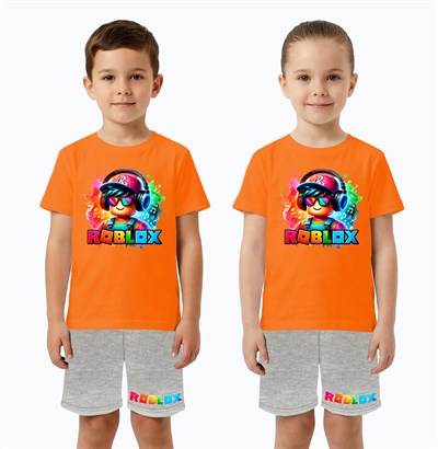 Unisex Roblox baskılı Çocuk Tişört gri Şortlu Takım pamuklu penye kumaş