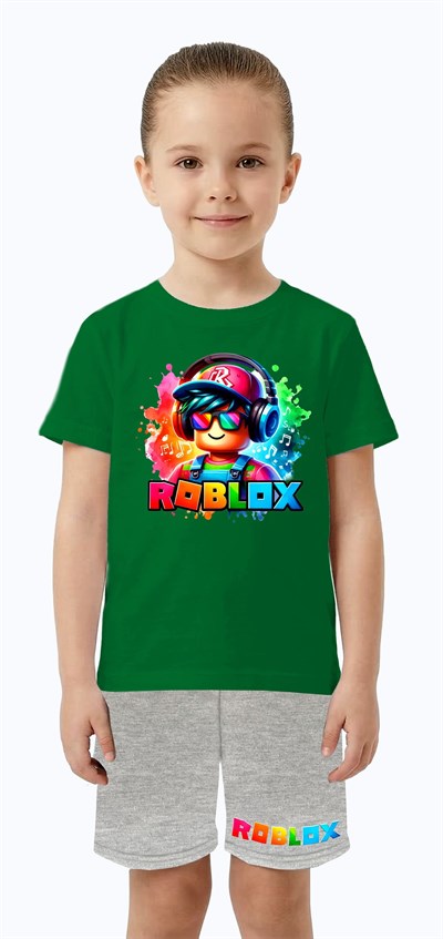 Unisex Roblox baskılı Çocuk Tişört gri Şortlu Takım pamuklu penye kumaş