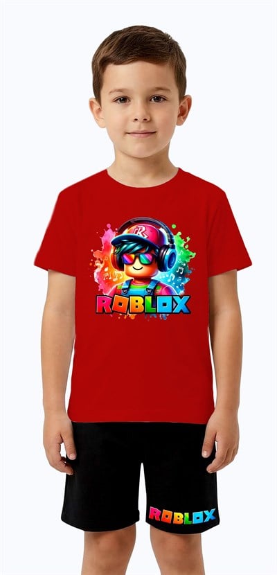 Unisex Roblox baskılı Çocuk Tişört Siyah Şortlu Takım pamuklu penye kumaş