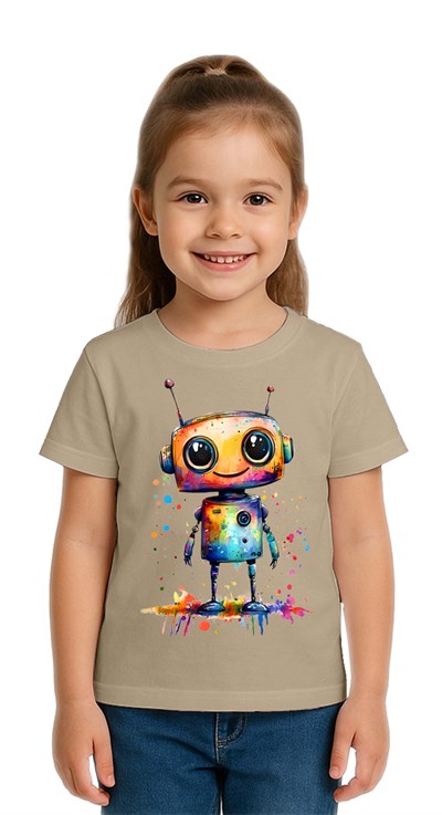 Unisex Robot Baskılı Çocuk Tişört pamuklu penye kumaş