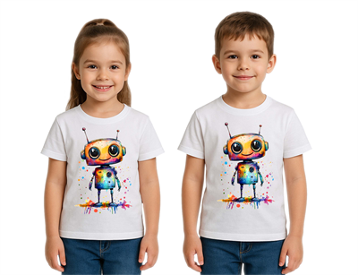 Unisex Robot Baskılı Çocuk Tişört pamuklu penye kumaş