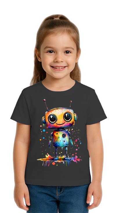 Unisex Robot Baskılı Çocuk Tişört pamuklu penye kumaş