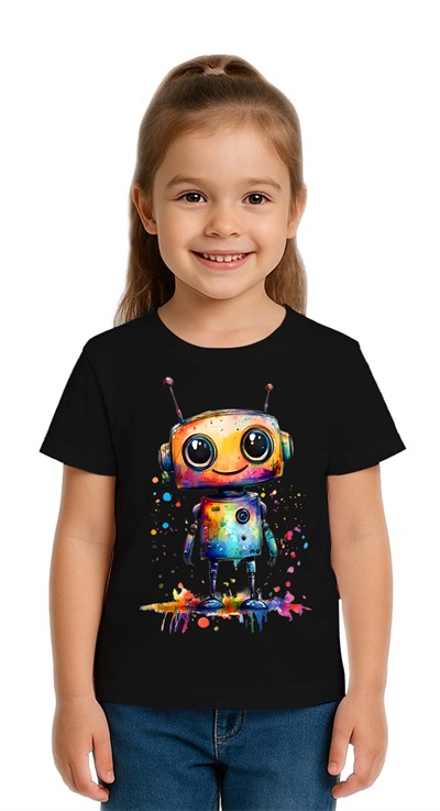 Unisex Robot Baskılı Çocuk Tişört pamuklu penye kumaş