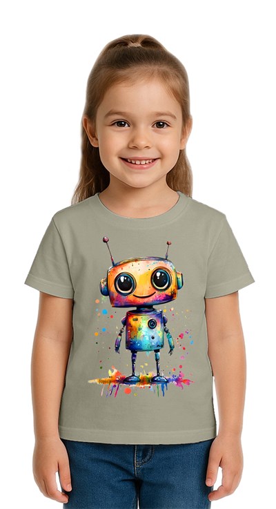 Unisex Robot Baskılı Çocuk Tişört pamuklu penye kumaş