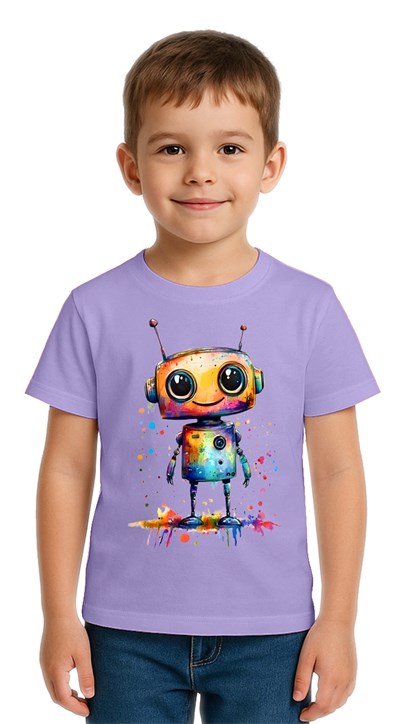 Unisex Robot Baskılı Çocuk Tişört pamuklu penye kumaş