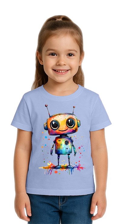 Unisex Robot Baskılı Çocuk Tişört pamuklu penye kumaş