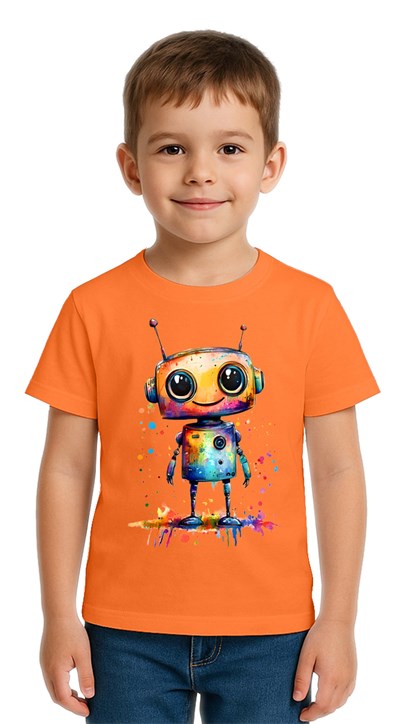 Unisex Robot Baskılı Çocuk Tişört pamuklu penye kumaş