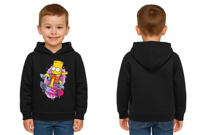 Unisex Simpson Baskılı Çocuk Swaetshirt Kapşonlu 3 İplik Şardonlu