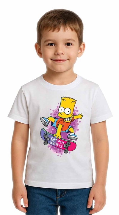 Unisex Simpson Baskılı Çocuk Tişört pamuklu penye kumaş