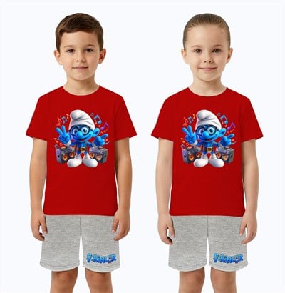 Unisex Şirinler baskılı Çocuk Tişört gri Şortlu Takım pamuklu penye kumaş