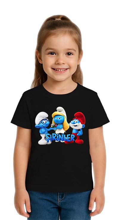 Unisex Şirinler baskılı Çocuk Tişört pamuklu penye kumaş