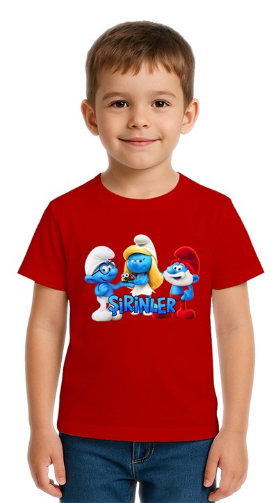 Unisex Şirinler baskılı Çocuk Tişört pamuklu penye kumaş