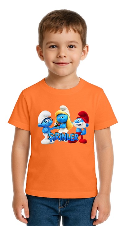 Unisex Şirinler baskılı Çocuk Tişört pamuklu penye kumaş