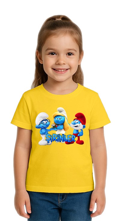 Unisex Şirinler baskılı Çocuk Tişört pamuklu penye kumaş
