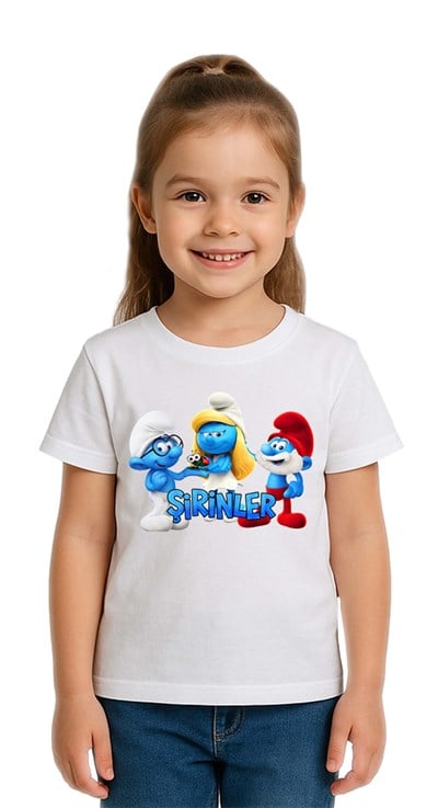 Unisex Şirinler baskılı Çocuk Tişört pamuklu penye kumaş