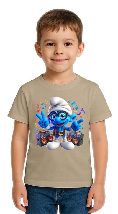 Unisex Şirinler baskılı Çocuk Tişört pamuklu penye kumaş