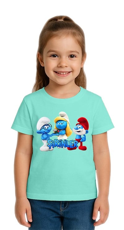 Unisex Şirinler baskılı Çocuk Tişört pamuklu penye kumaş