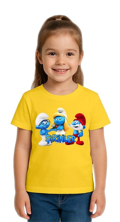 Unisex Şirinler baskılı Çocuk Tişört pamuklu penye kumaş
