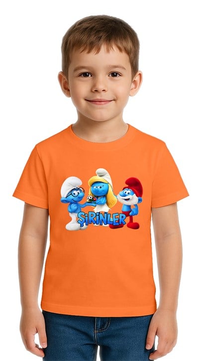 Unisex Şirinler baskılı Çocuk Tişört pamuklu penye kumaş