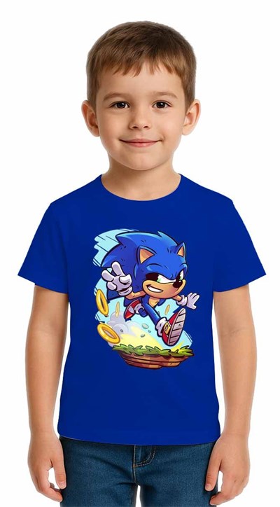 Unisex Sonic Baskılı Çocuk Tişört pamuklu penye kumaş