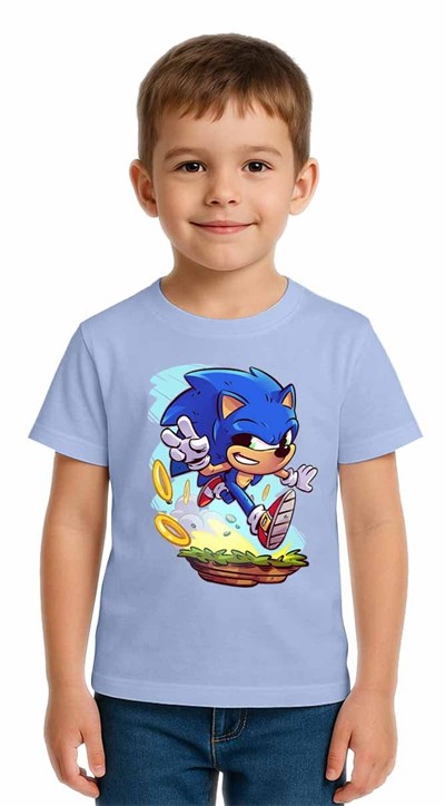 Unisex Sonic Baskılı Çocuk Tişört pamuklu penye kumaş