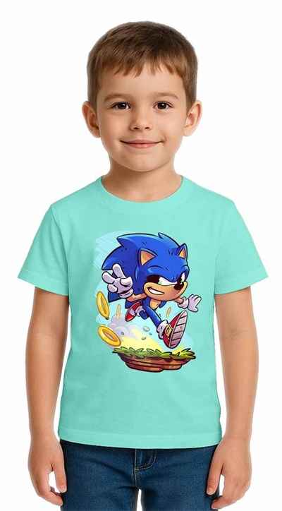 Unisex Sonic Baskılı Çocuk Tişört pamuklu penye kumaş