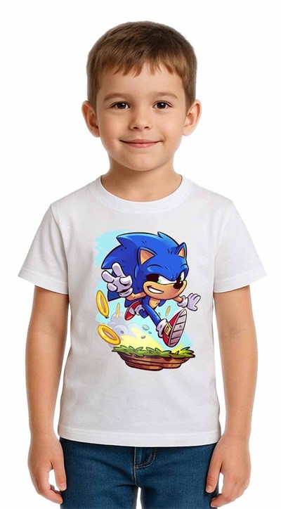 Unisex Sonic Baskılı Çocuk Tişört pamuklu penye kumaş