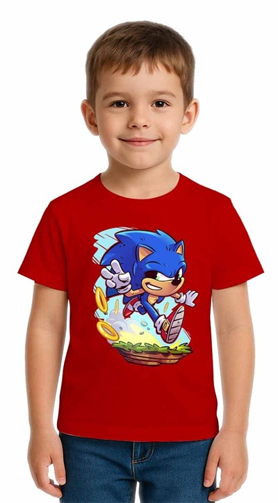 Unisex Sonic Baskılı Çocuk Tişört pamuklu penye kumaş