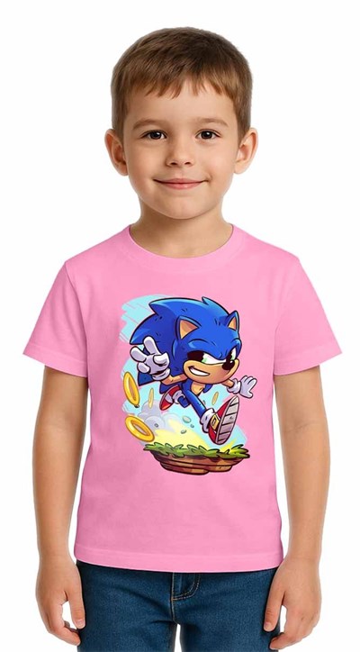 Unisex Sonic Baskılı Çocuk Tişört pamuklu penye kumaş