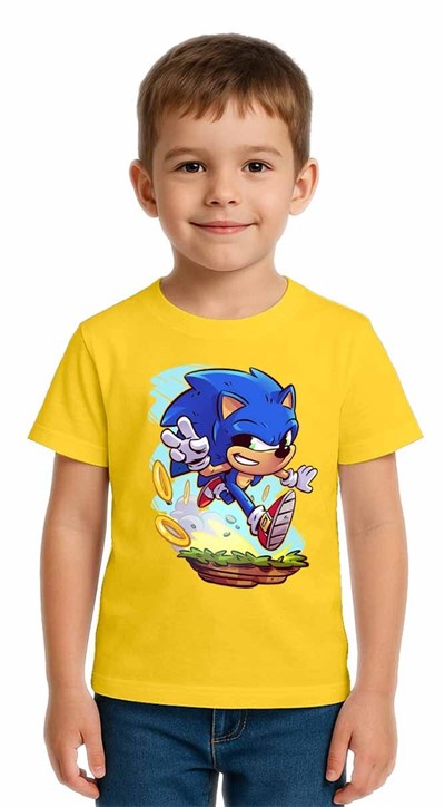 Unisex Sonic Baskılı Çocuk Tişört pamuklu penye kumaş