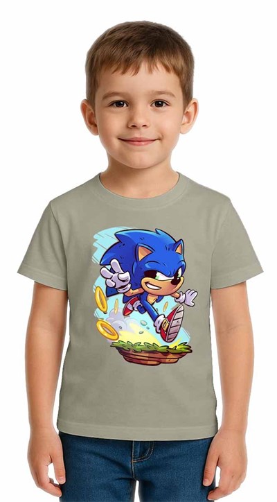 Unisex Sonic Baskılı Çocuk Tişört pamuklu penye kumaş