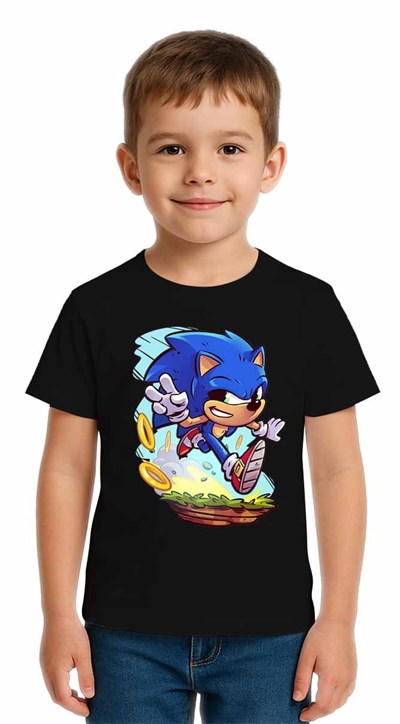 Unisex Sonic Baskılı Çocuk Tişört pamuklu penye kumaş