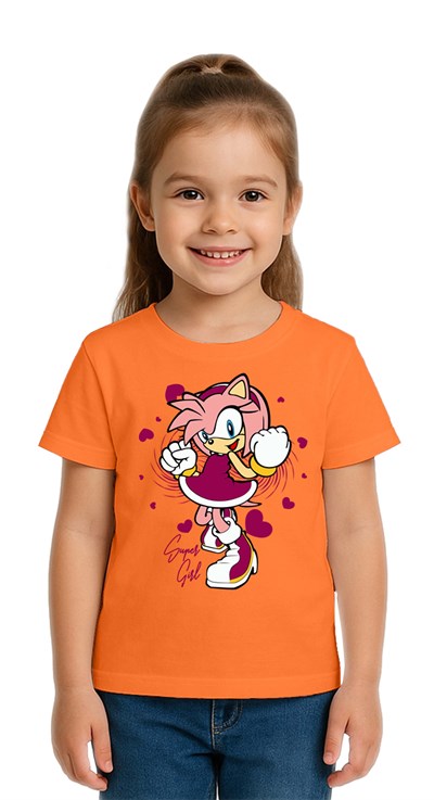 Unisex Sonic Super Girl Baskılı Çocuk Tişört pamuklu penye kumaş