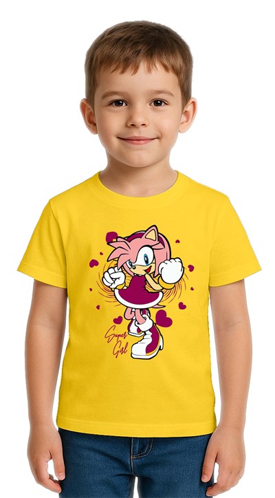 Unisex Sonic Super Girl Baskılı Çocuk Tişört pamuklu penye kumaş