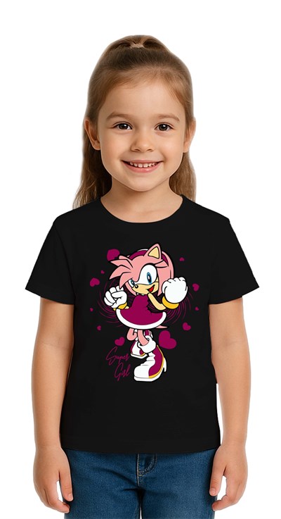 Unisex Sonic Super Girl Baskılı Çocuk Tişört pamuklu penye kumaş