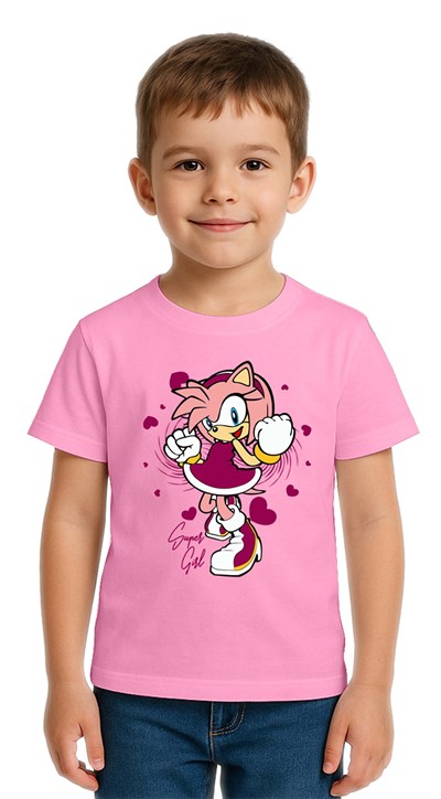 Unisex Sonic Super Girl Baskılı Çocuk Tişört pamuklu penye kumaş