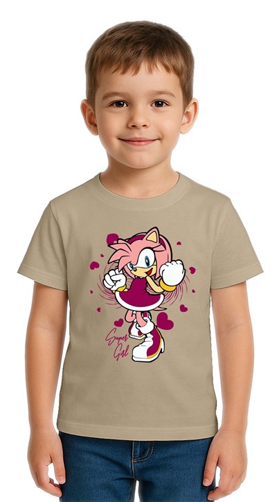 Unisex Sonic Super Girl Baskılı Çocuk Tişört pamuklu penye kumaş
