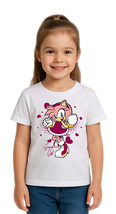 Unisex Sonic Super Girl Baskılı Çocuk Tişört pamuklu penye kumaş