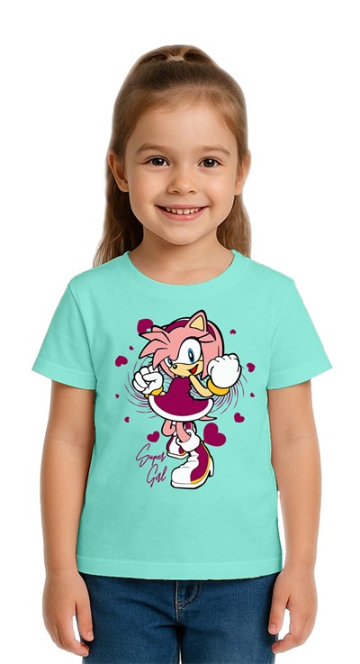 Unisex Sonic Super Girl Baskılı Çocuk Tişört pamuklu penye kumaş